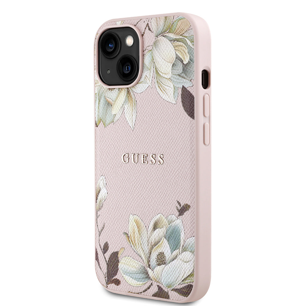 Guess iPhone 15 Orjinal Lisanslı M-safe Şarj Özellikli Taneli Çiçek Tasarımlı Metal Yazı Logolu Kılıf