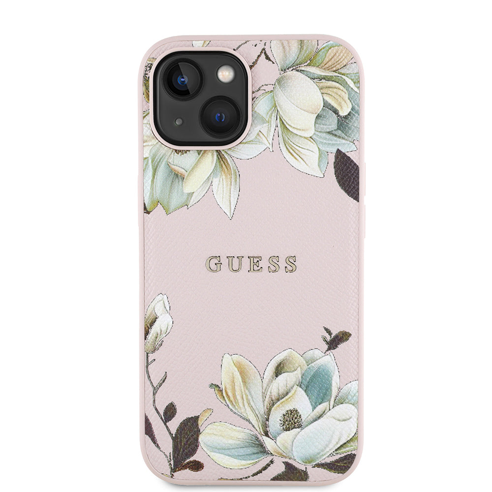 Guess iPhone 15 Orjinal Lisanslı M-safe Şarj Özellikli Taneli Çiçek Tasarımlı Metal Yazı Logolu Kılıf