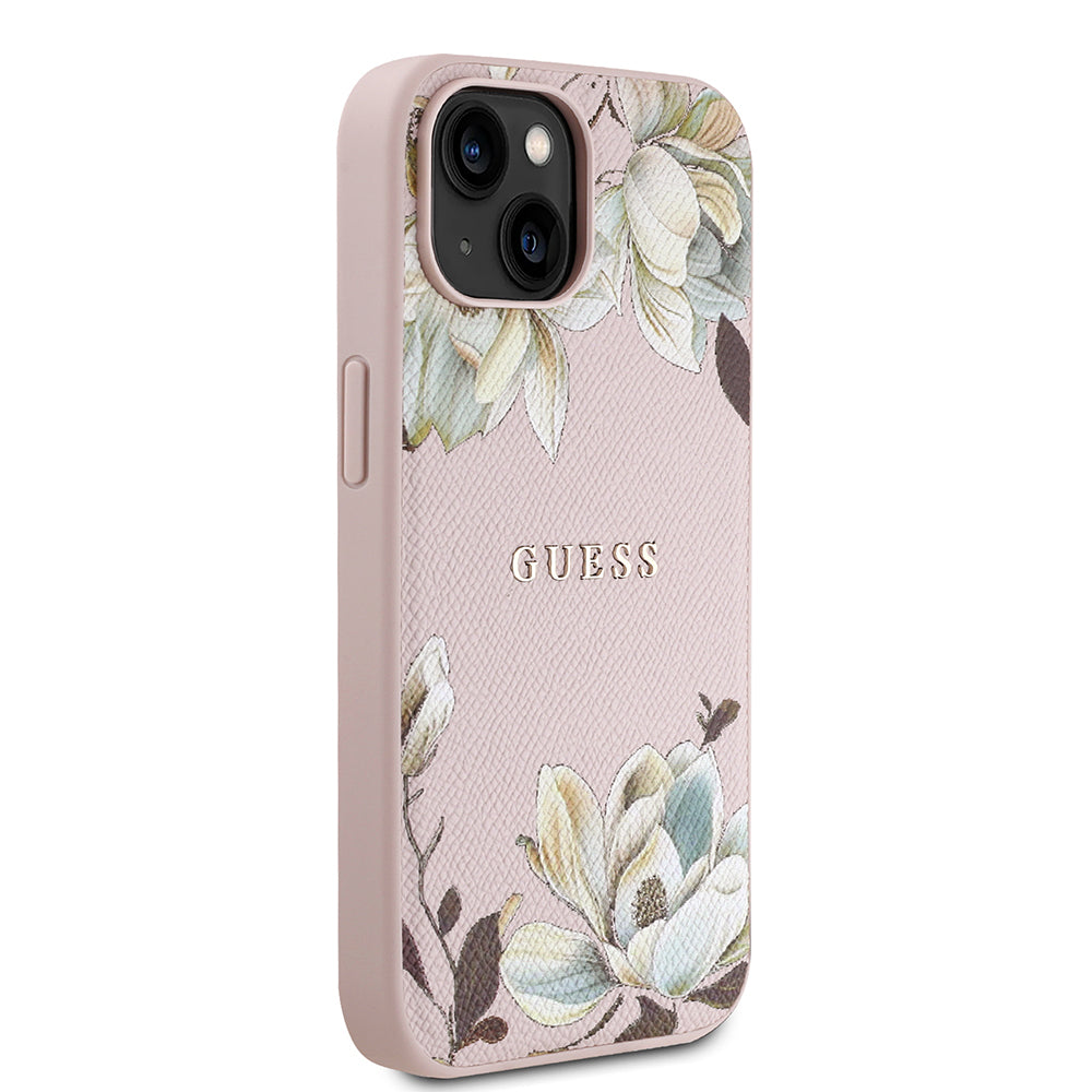 Guess iPhone 15 Orjinal Lisanslı M-safe Şarj Özellikli Taneli Çiçek Tasarımlı Metal Yazı Logolu Kılıf