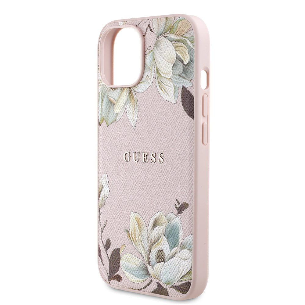 Guess iPhone 15 Orjinal Lisanslı M-safe Şarj Özellikli Taneli Çiçek Tasarımlı Metal Yazı Logolu Kılıf