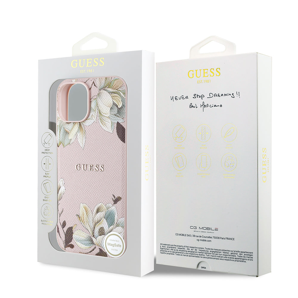 Guess iPhone 15 Orjinal Lisanslı M-safe Şarj Özellikli Taneli Çiçek Tasarımlı Metal Yazı Logolu Kılıf
