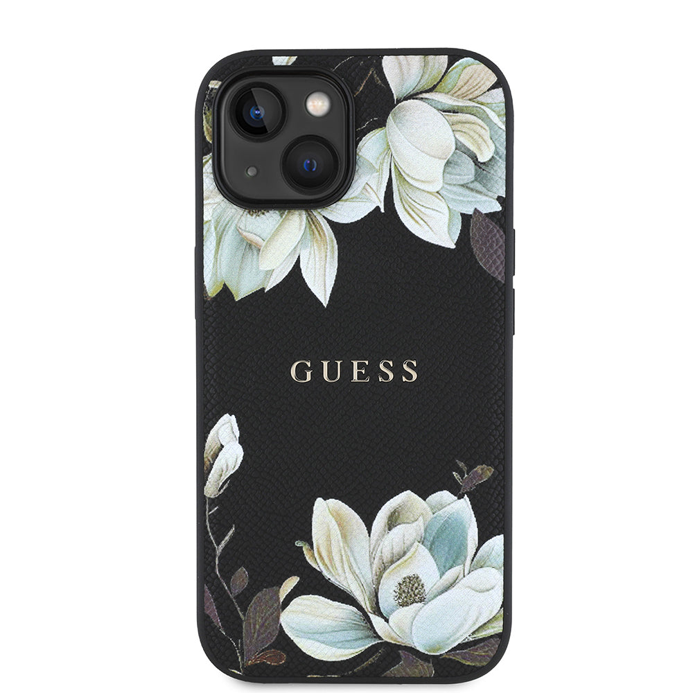 Guess iPhone 15 Orjinal Lisanslı M-safe Şarj Özellikli Taneli Çiçek Tasarımlı Metal Yazı Logolu Kılıf