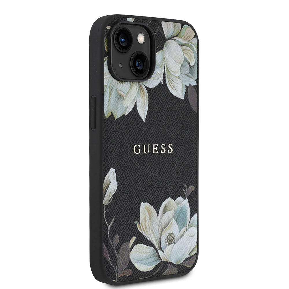 Guess iPhone 15 Orjinal Lisanslı M-safe Şarj Özellikli Taneli Çiçek Tasarımlı Metal Yazı Logolu Kılıf