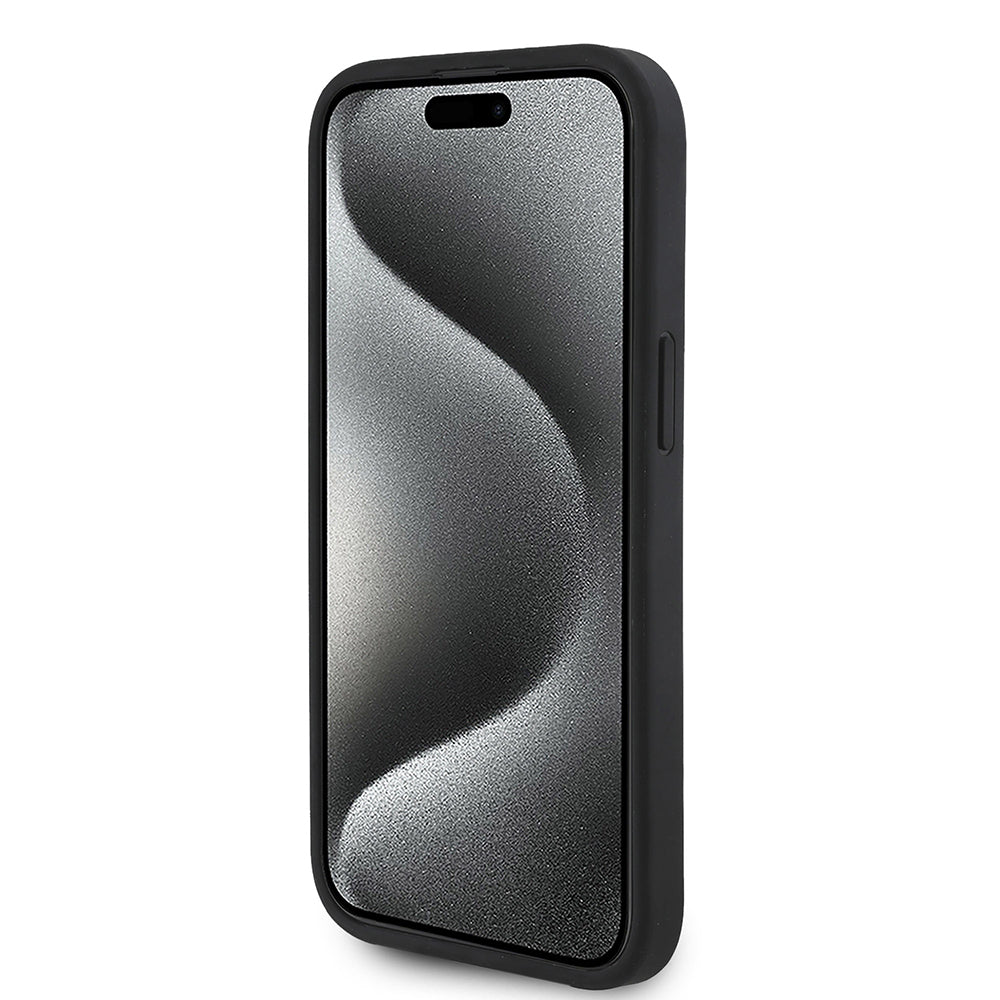 Guess iPhone 15 Orjinal Lisanslı M-safe Şarj Özellikli Taneli Çiçek Tasarımlı Metal Yazı Logolu Kılıf