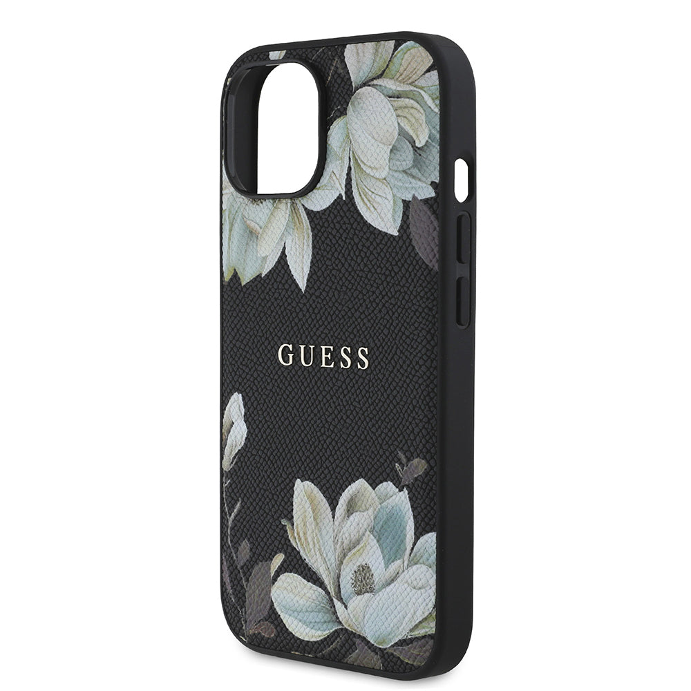 Guess iPhone 15 Orjinal Lisanslı M-safe Şarj Özellikli Taneli Çiçek Tasarımlı Metal Yazı Logolu Kılıf