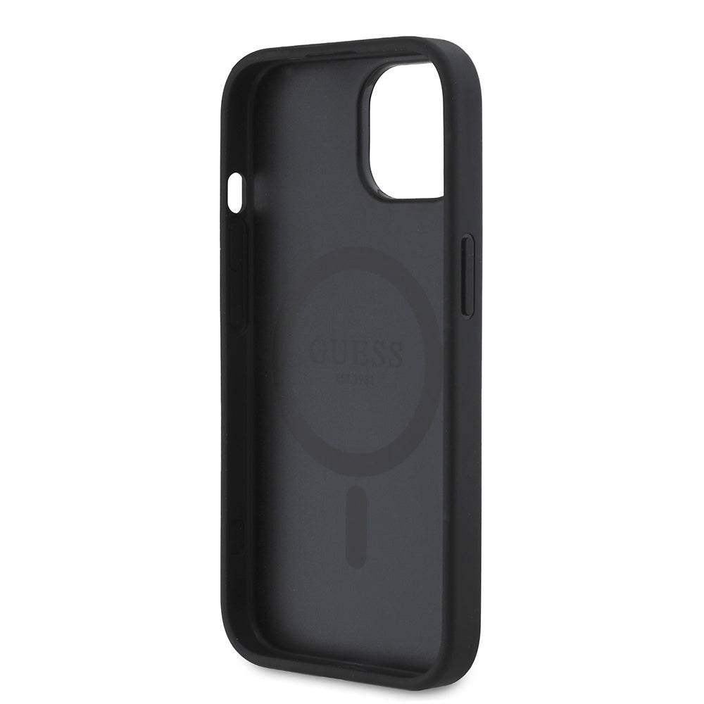 Guess iPhone 15 Orjinal Lisanslı M-safe Şarj Özellikli Taneli Çiçek Tasarımlı Metal Yazı Logolu Kılıf