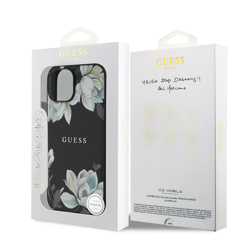 Guess iPhone 15 Orjinal Lisanslı M-safe Şarj Özellikli Taneli Çiçek Tasarımlı Metal Yazı Logolu Kılıf