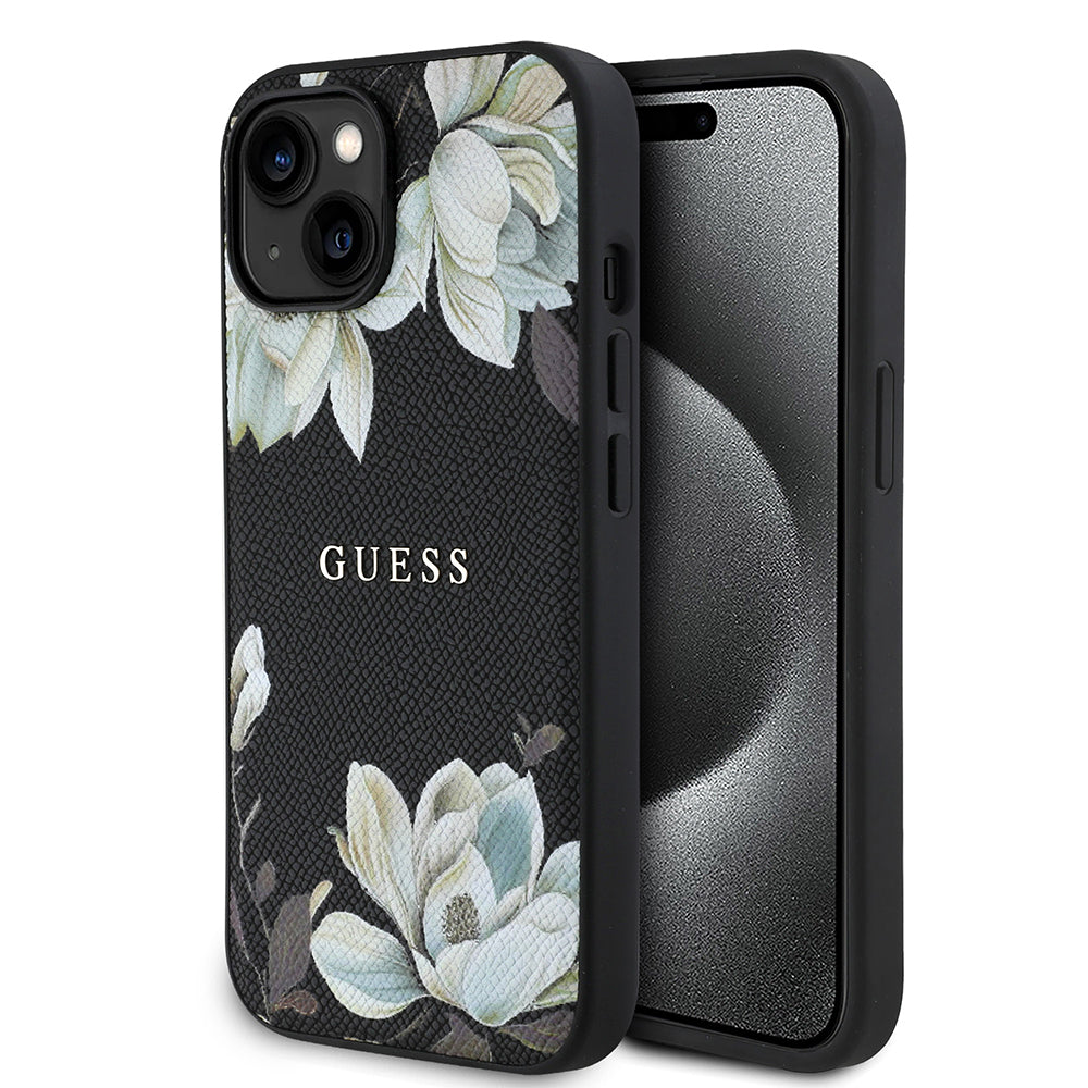 Guess iPhone 15 Orjinal Lisanslı M-safe Şarj Özellikli Taneli Çiçek Tasarımlı Metal Yazı Logolu Kılıf