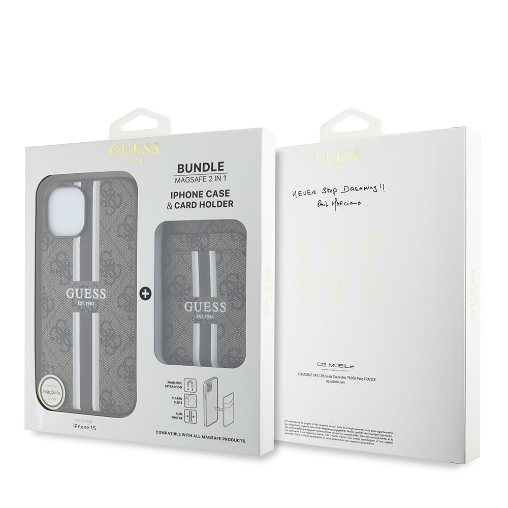 Guess iPhone 15 Orjinal Lisanslı M-safe 4G Desenli Çizgili Kartlıklı Kılıf