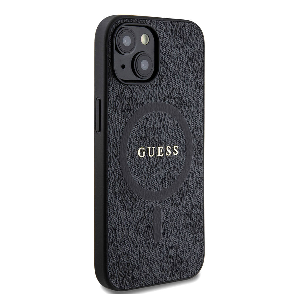 Guess iPhone 15 Orjinal Lisanslı M-safe Şarj Özellikli PU Halkalı 4G Desenli Yazı Logolu Kılıf