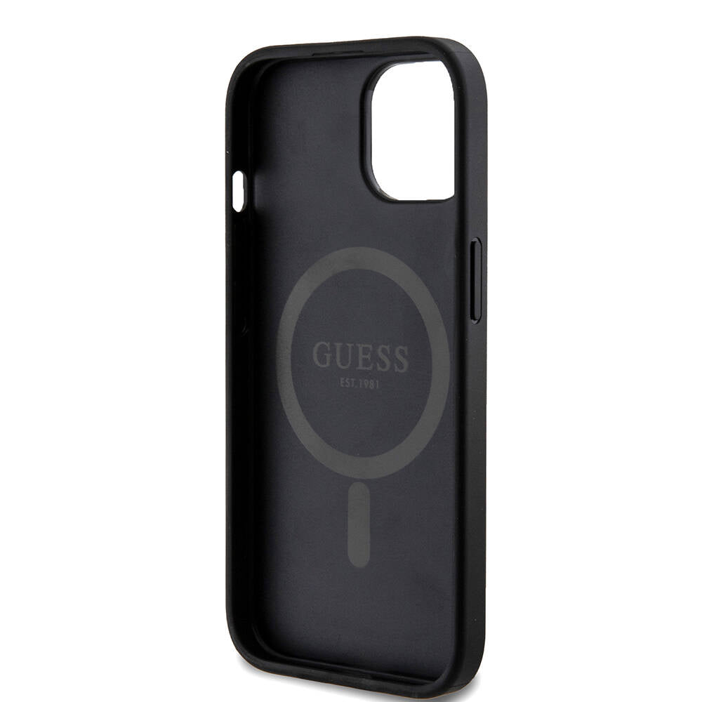 Guess iPhone 15 Orjinal Lisanslı M-safe Şarj Özellikli PU Halkalı 4G Desenli Yazı Logolu Kılıf