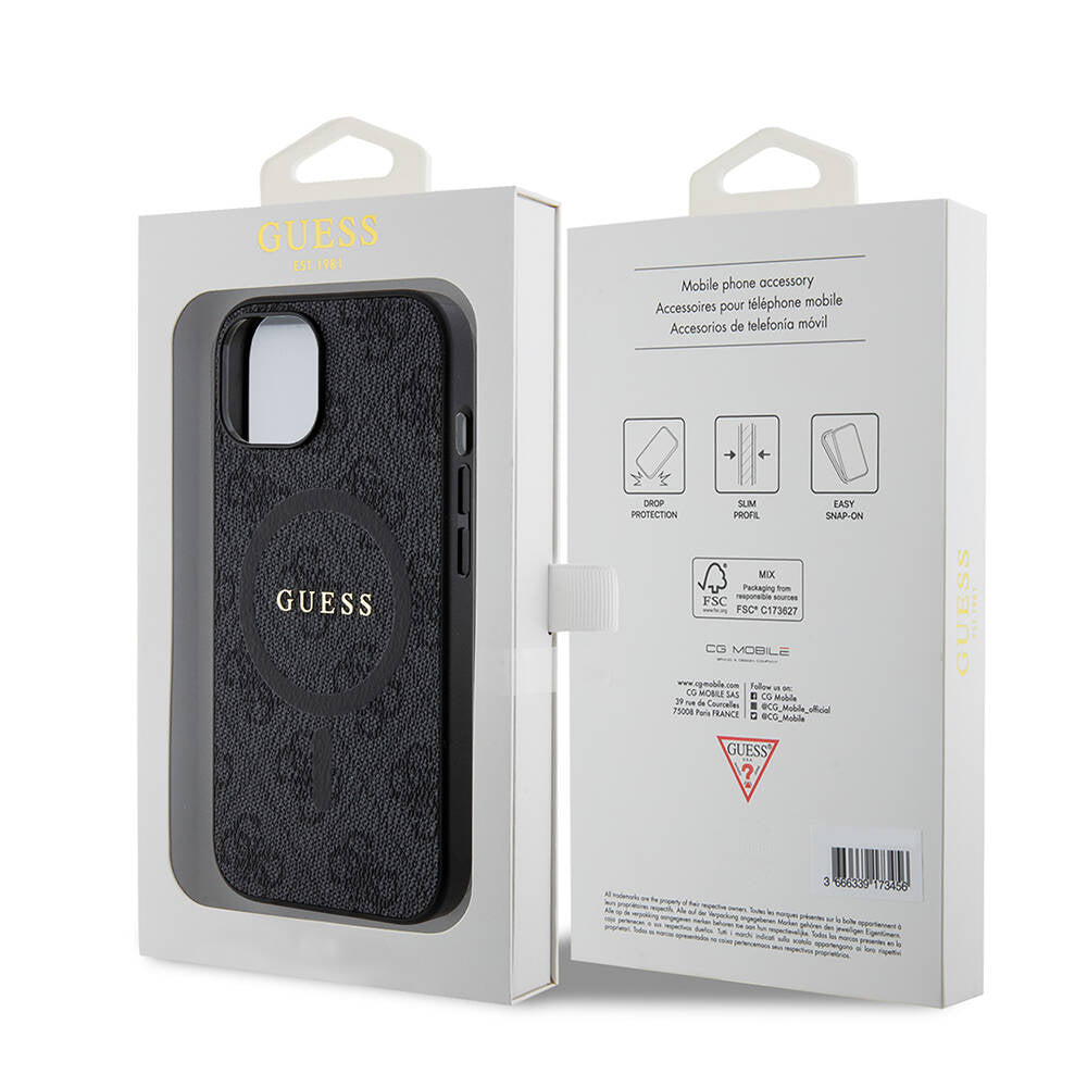 Guess iPhone 15 Orjinal Lisanslı M-safe Şarj Özellikli PU Halkalı 4G Desenli Yazı Logolu Kılıf