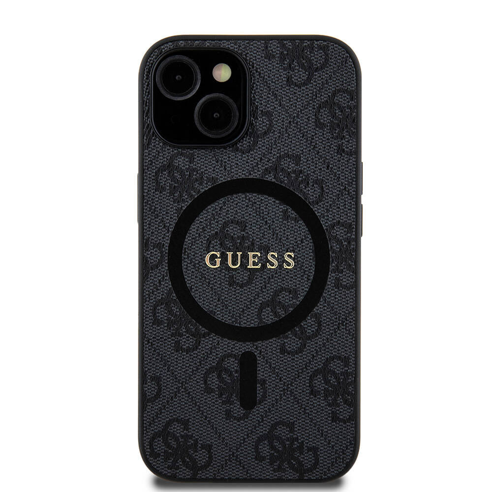 Guess iPhone 15 Orjinal Lisanslı M-safe Şarj Özellikli PU Halkalı 4G Desenli Yazı Logolu Kılıf