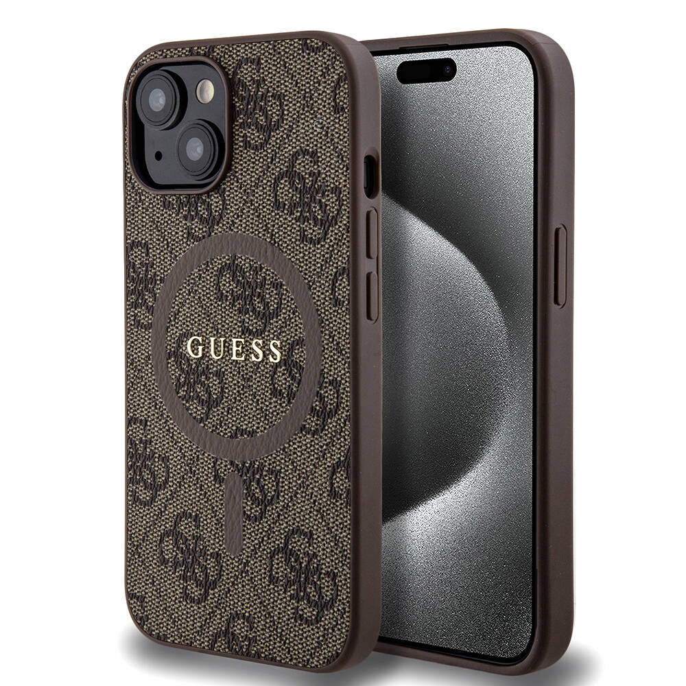 Guess iPhone 15 Orjinal Lisanslı M-safe Şarj Özellikli PU Halkalı 4G Desenli Yazı Logolu Kılıf