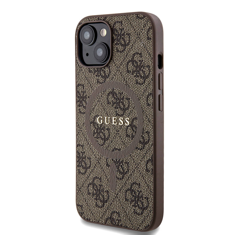 Guess iPhone 15 Orjinal Lisanslı M-safe Şarj Özellikli PU Halkalı 4G Desenli Yazı Logolu Kılıf
