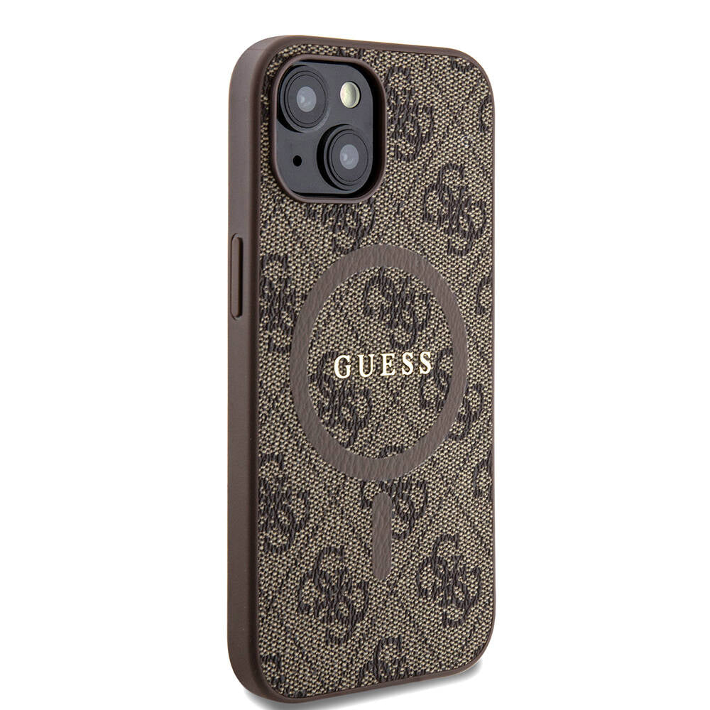 Guess iPhone 15 Orjinal Lisanslı M-safe Şarj Özellikli PU Halkalı 4G Desenli Yazı Logolu Kılıf