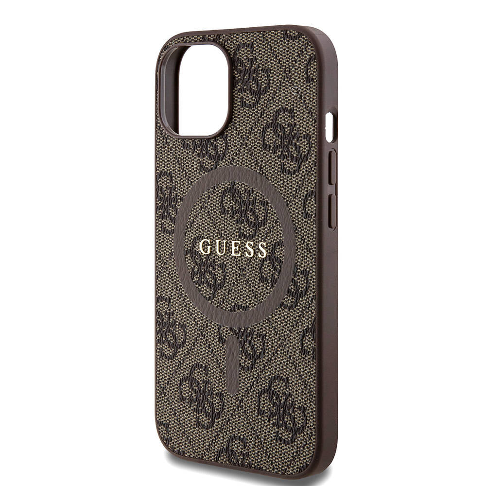 Guess iPhone 15 Orjinal Lisanslı M-safe Şarj Özellikli PU Halkalı 4G Desenli Yazı Logolu Kılıf
