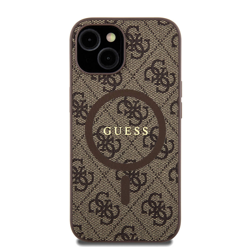 Guess iPhone 15 Orjinal Lisanslı M-safe Şarj Özellikli PU Halkalı 4G Desenli Yazı Logolu Kılıf