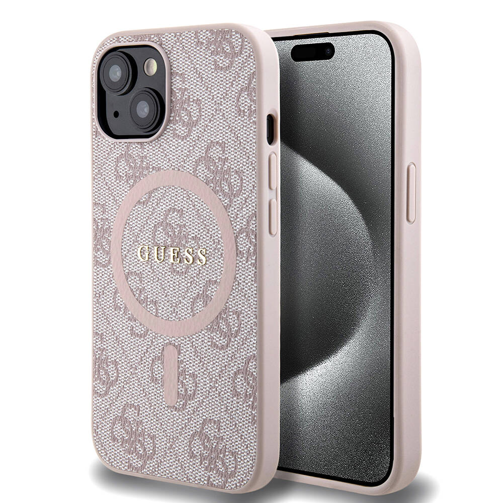 Guess iPhone 15 Orjinal Lisanslı M-safe Şarj Özellikli PU Halkalı 4G Desenli Yazı Logolu Kılıf