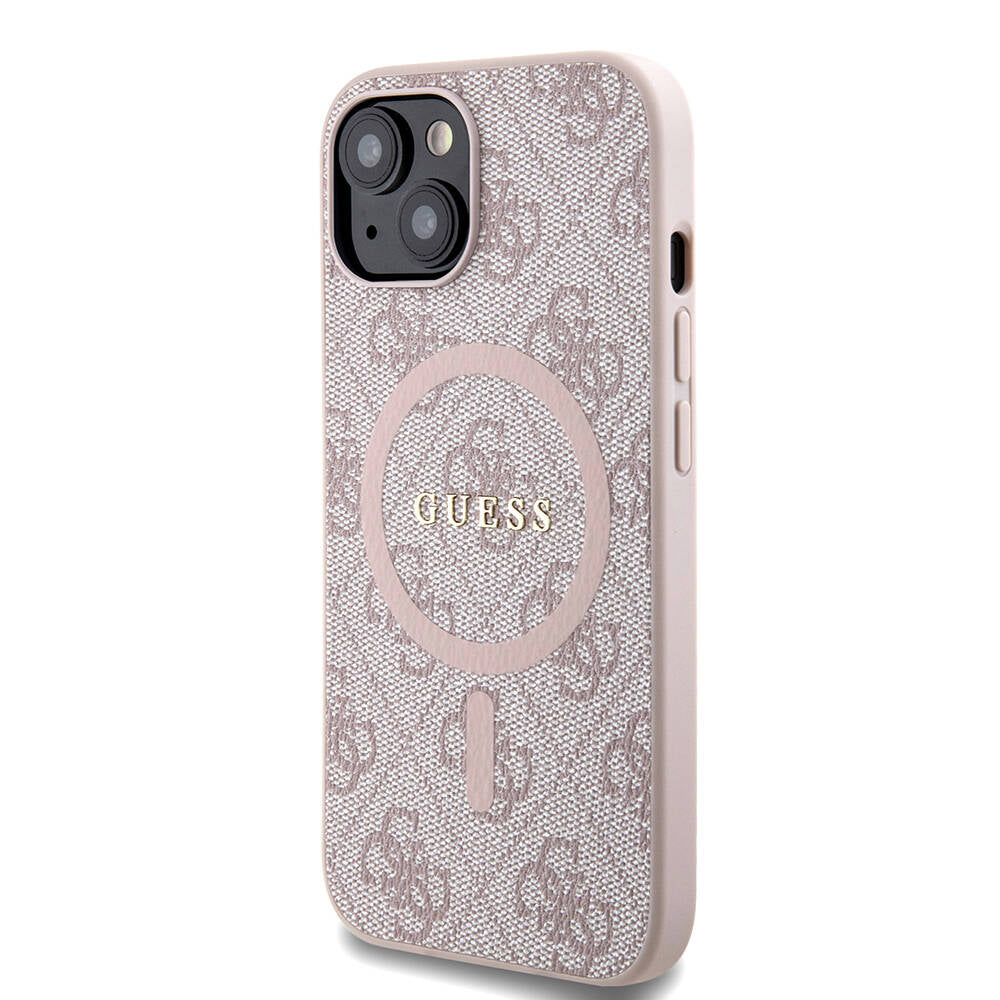 Guess iPhone 15 Orjinal Lisanslı M-safe Şarj Özellikli PU Halkalı 4G Desenli Yazı Logolu Kılıf