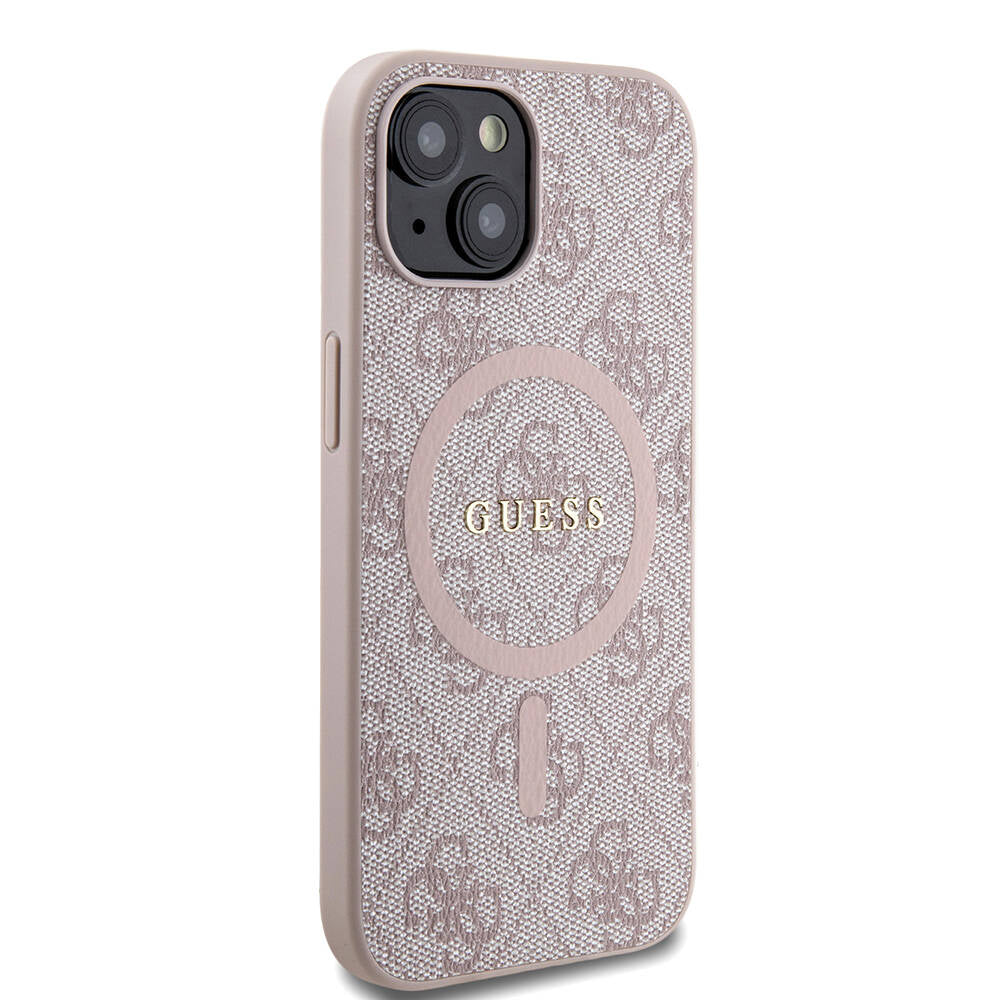 Guess iPhone 15 Orjinal Lisanslı M-safe Şarj Özellikli PU Halkalı 4G Desenli Yazı Logolu Kılıf