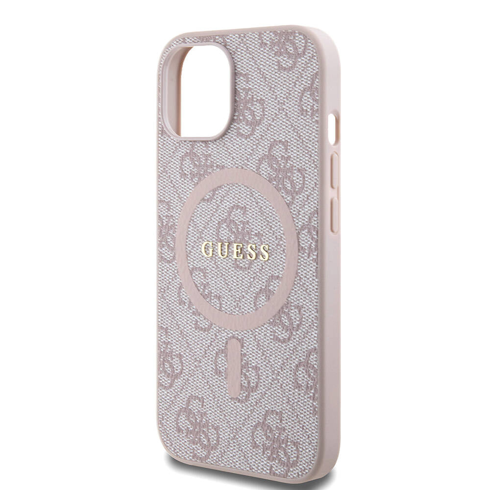 Guess iPhone 15 Orjinal Lisanslı M-safe Şarj Özellikli PU Halkalı 4G Desenli Yazı Logolu Kılıf