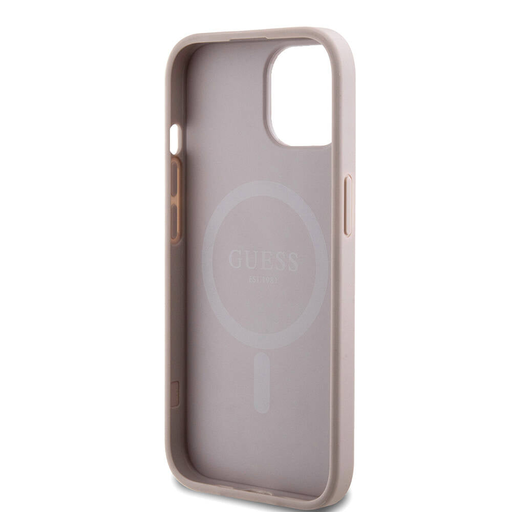 Guess iPhone 15 Orjinal Lisanslı M-safe Şarj Özellikli PU Halkalı 4G Desenli Yazı Logolu Kılıf