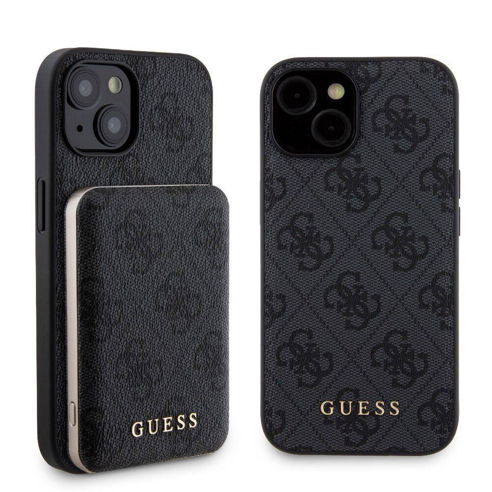 Guess iPhone 15 Orjinal Lisanslı Magsafe Şarj Özellikli Yazı Logolu 4G Desenli Telefon Kılıfı + Powerbank 5000mAh 2in1 Set - 13