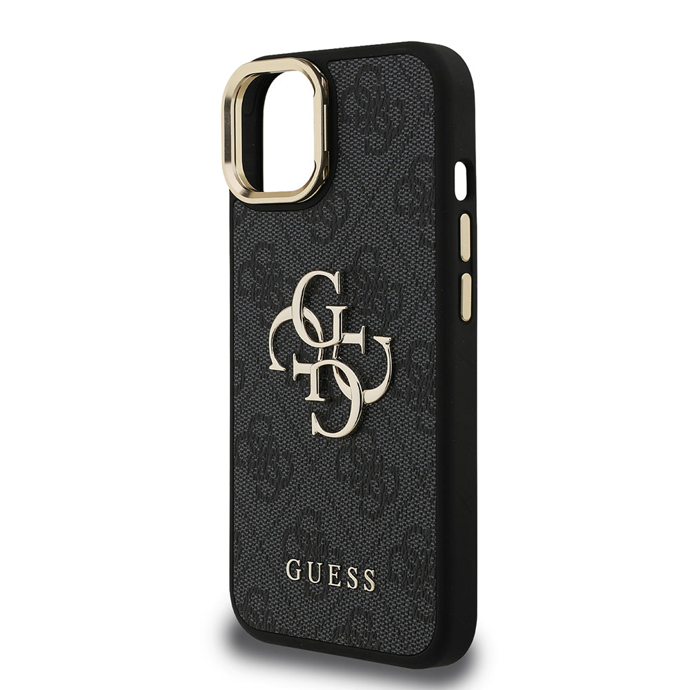 Guess iPhone 15 Orjinal Lisanslı PU Deri 4G Desenli Metal Büyük 4G ve Yazı Logolu Kamera Standlı Kılıf