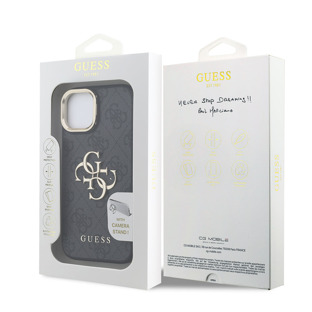 Guess iPhone 15 Orjinal Lisanslı PU Deri 4G Desenli Metal Büyük 4G ve Yazı Logolu Kamera Standlı Kılıf