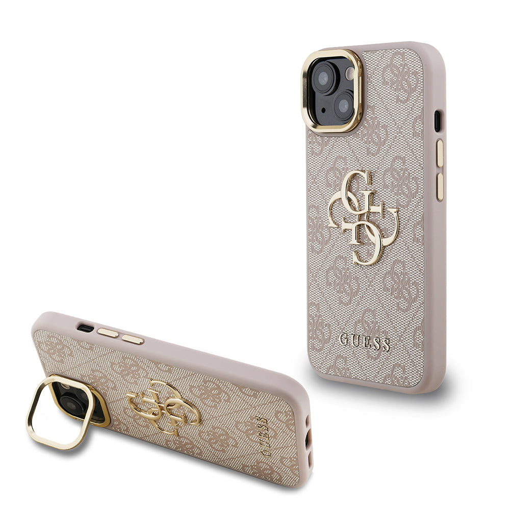 Guess iPhone 15 Orjinal Lisanslı PU Deri 4G Desenli Metal Büyük 4G ve Yazı Logolu Kamera Standlı Kılıf