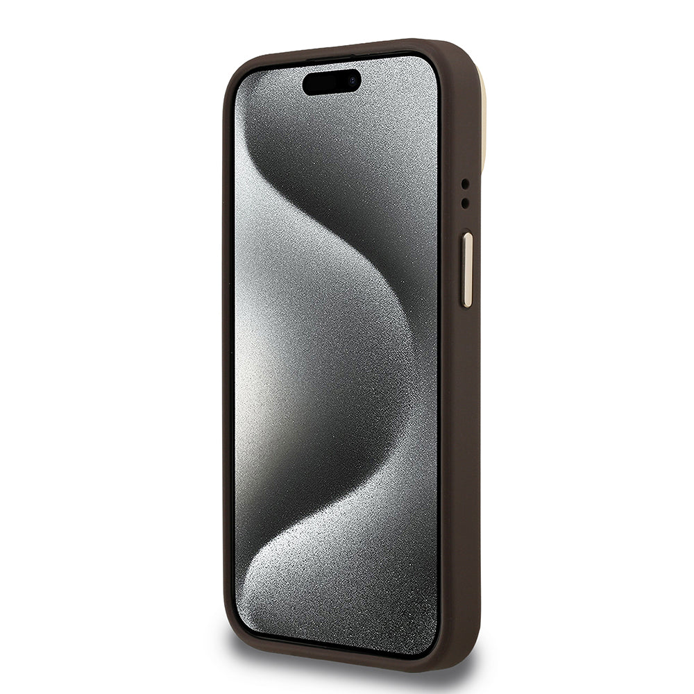 Guess iPhone 15 Orjinal Lisanslı PU Deri 4G Desenli Metal Büyük 4G ve Yazı Logolu Kamera Standlı Kılıf