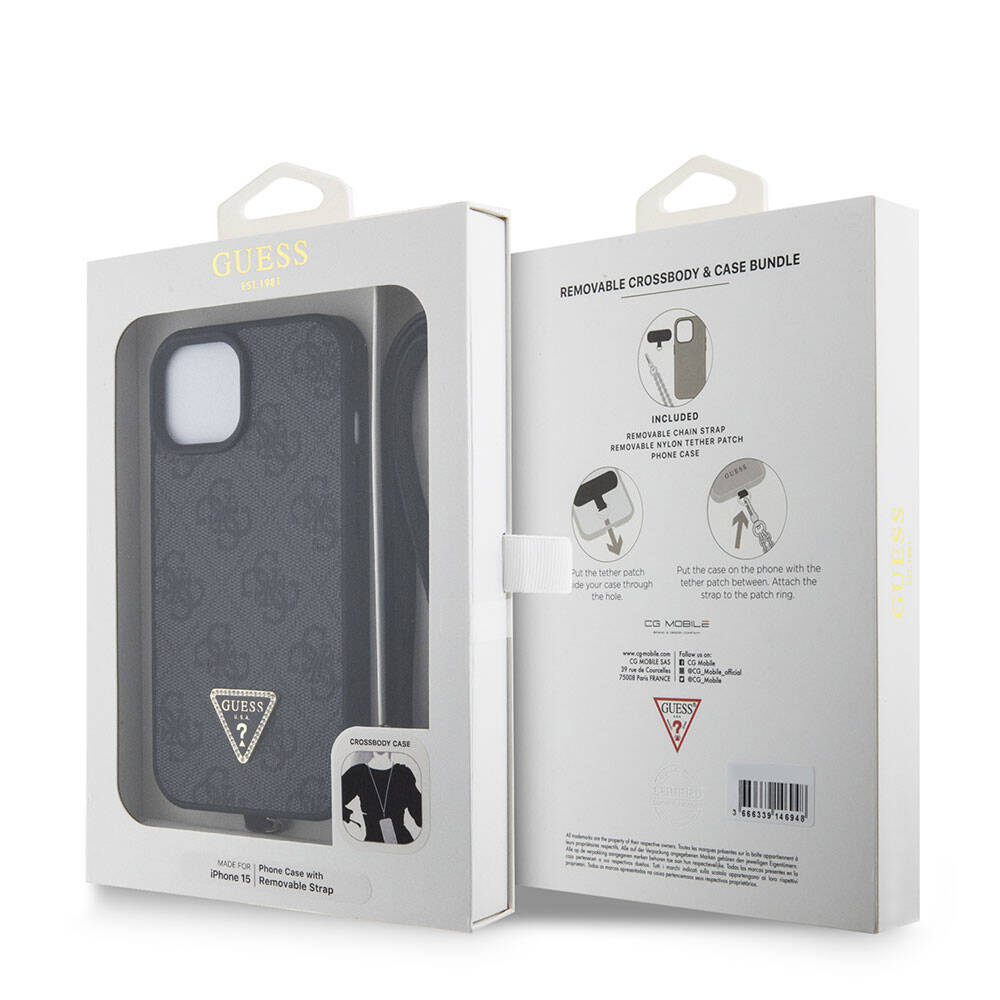 Guess iPhone 15 Orjinal Lisanslı PU Deri Askılı Taşlı Üçgen Logo 4G Desenli Strass Crossbody Telefon Kılıfı - 8
