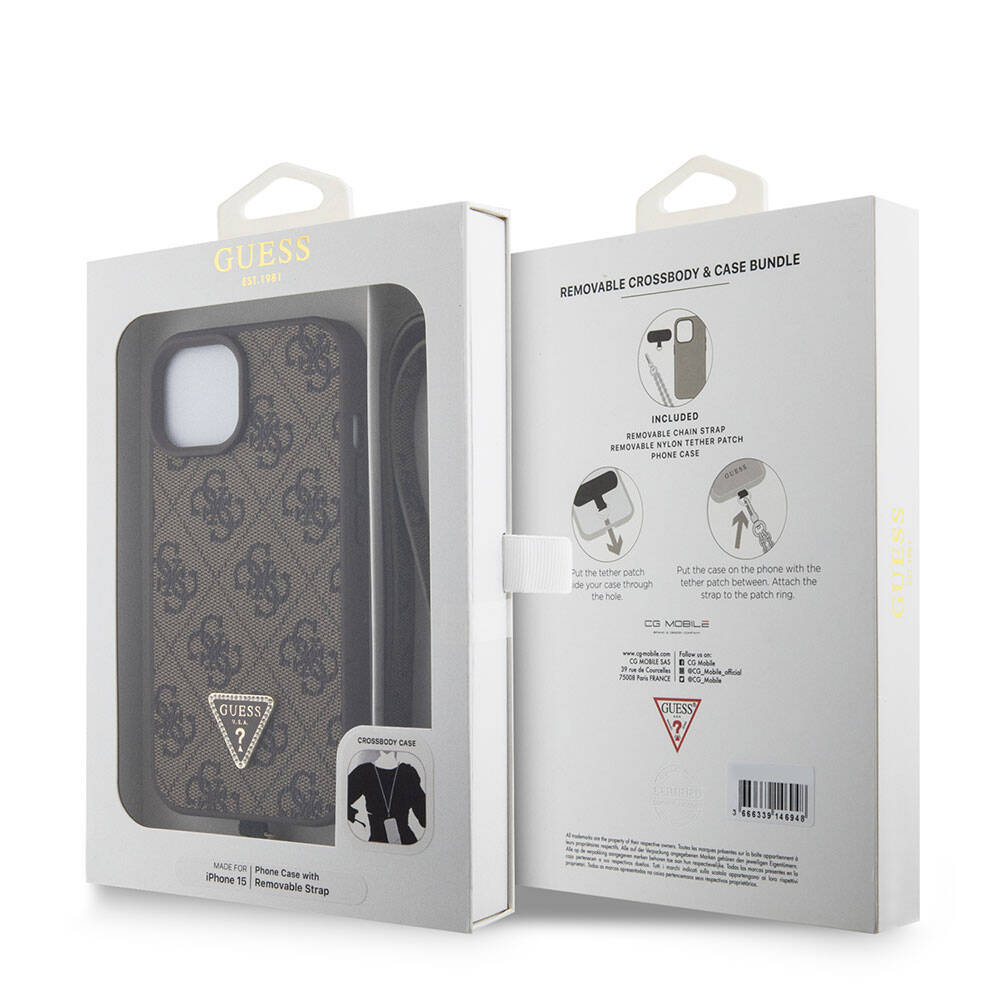 Guess iPhone 15 Orjinal Lisanslı PU Deri Askılı Taşlı Üçgen Logo 4G Desenli Strass Crossbody Telefon Kılıfı - 16
