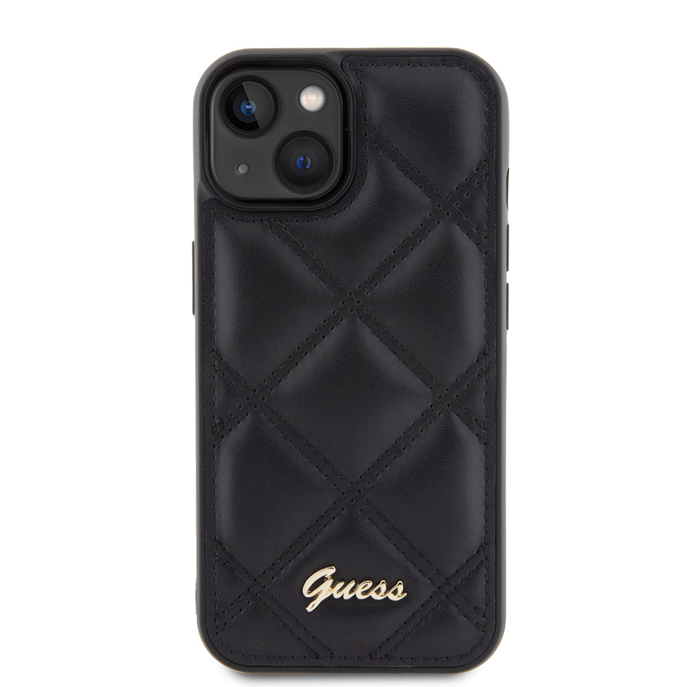 Guess iPhone 15 Orjinal Lisanslı PU Deri Metal Yazı Logolu Kapitone Kılıf