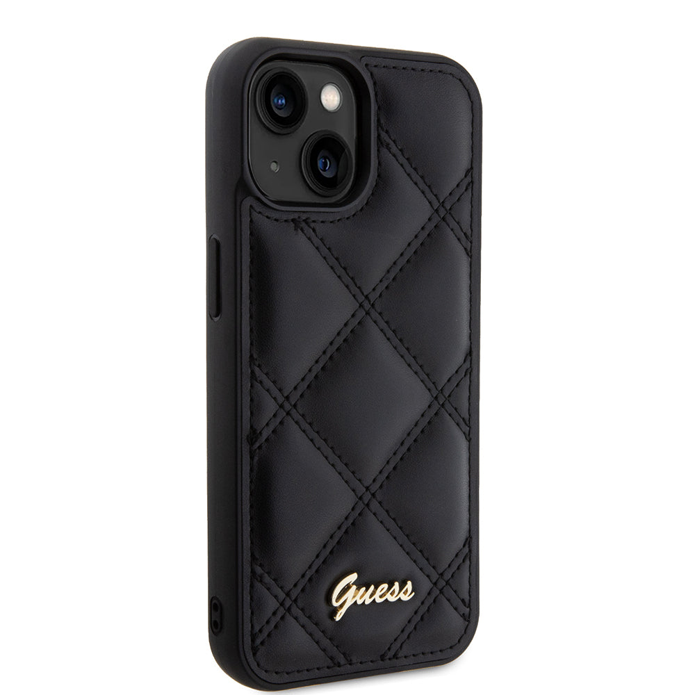 Guess iPhone 15 Orjinal Lisanslı PU Deri Metal Yazı Logolu Kapitone Kılıf