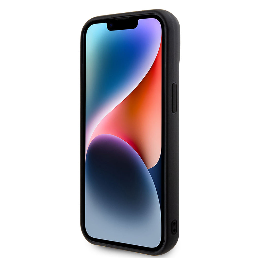 Guess iPhone 15 Orjinal Lisanslı PU Deri Metal Yazı Logolu Kapitone Kılıf