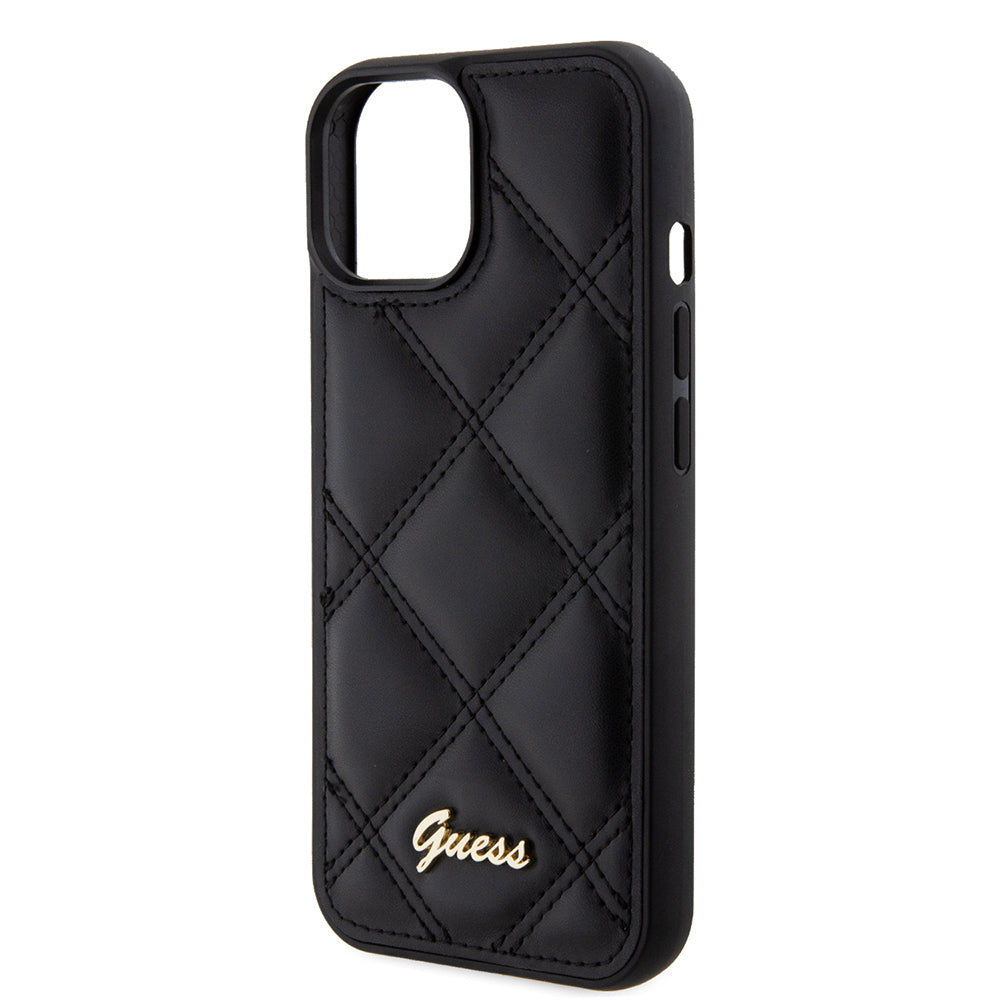 Guess iPhone 15 Orjinal Lisanslı PU Deri Metal Yazı Logolu Kapitone Kılıf