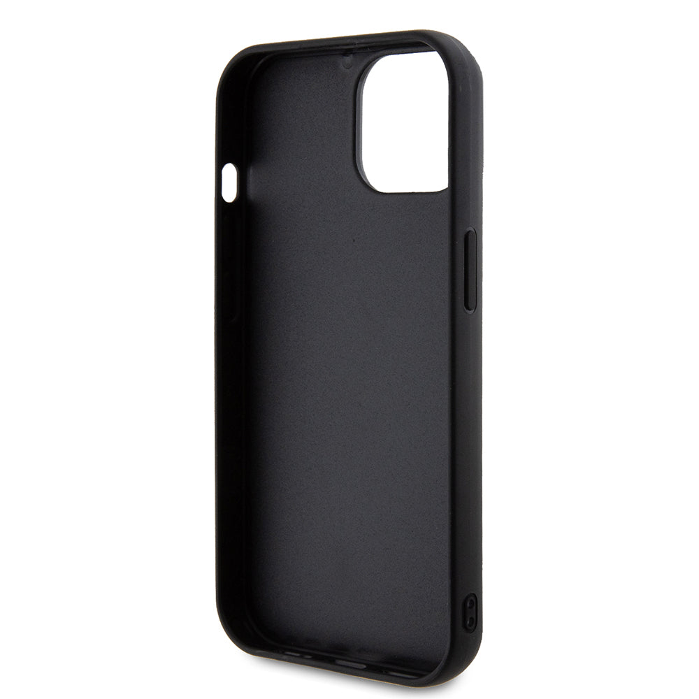 Guess iPhone 15 Orjinal Lisanslı PU Deri Metal Yazı Logolu Kapitone Kılıf