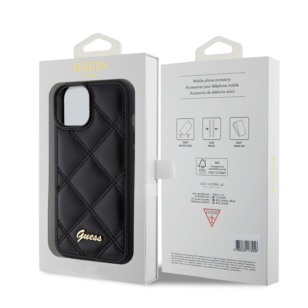 Guess iPhone 15 Orjinal Lisanslı PU Deri Metal Yazı Logolu Kapitone Kılıf