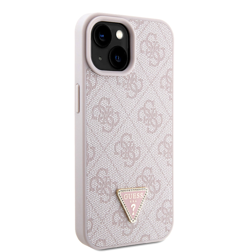 Guess iPhone 15 Orjinal Lisanslı PU Deri Taşlı Metal Üçgen Logolu Çapraz Vücut Askılı 4G Desenli Kılıf