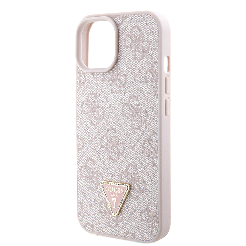 Guess iPhone 15 Orjinal Lisanslı PU Deri Taşlı Metal Üçgen Logolu Çapraz Vücut Askılı 4G Desenli Kılıf