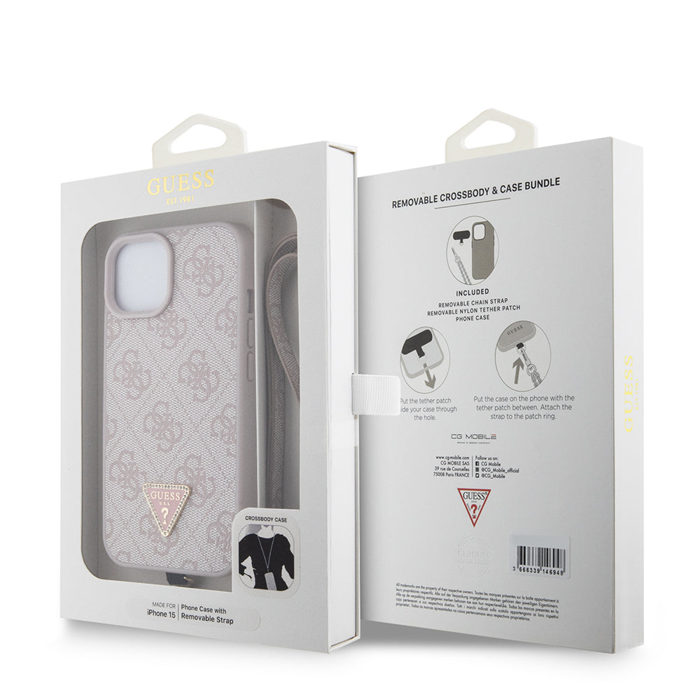 Guess iPhone 15 Orjinal Lisanslı PU Deri Taşlı Metal Üçgen Logolu Çapraz Vücut Askılı 4G Desenli Kılıf