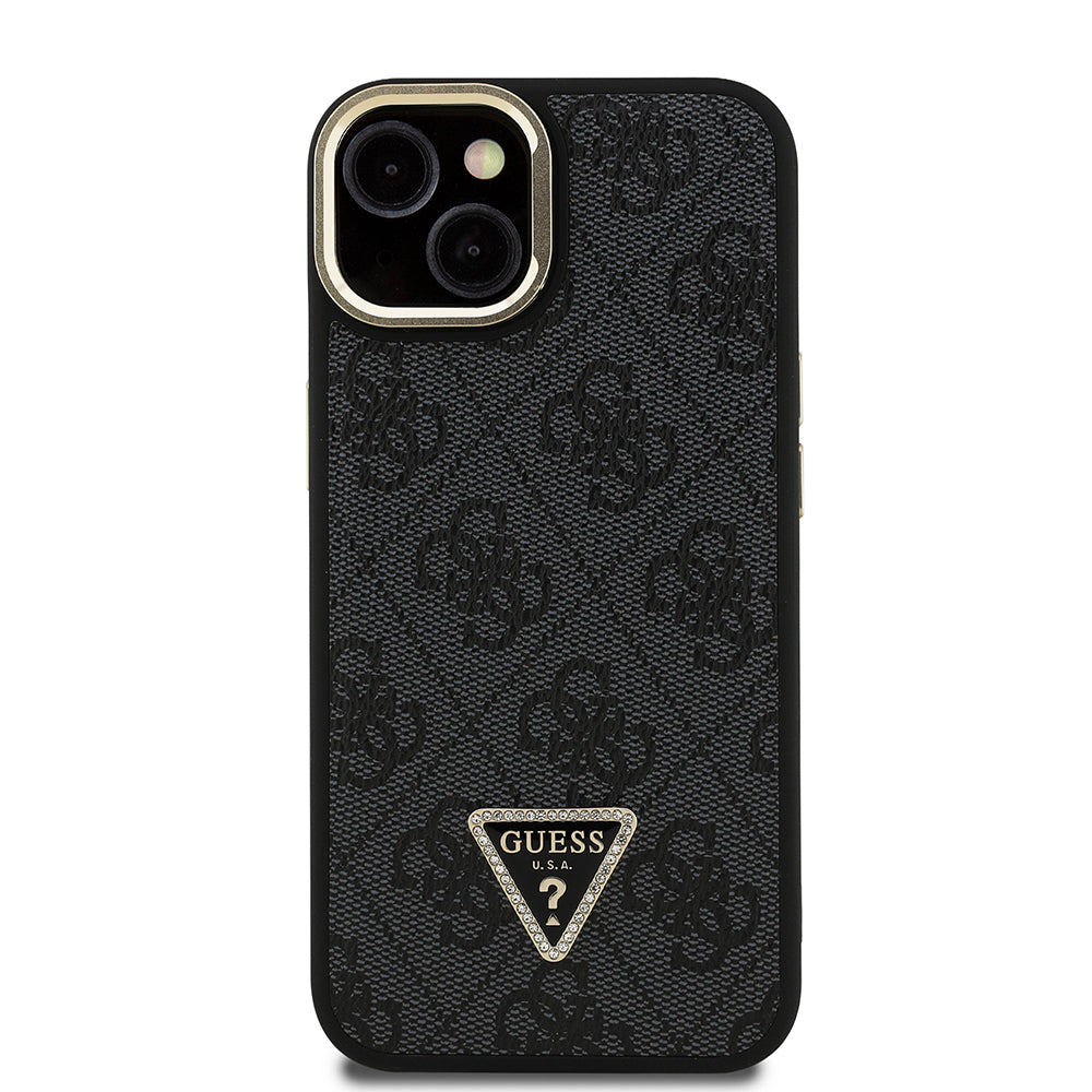 Guess iPhone 15 Orjinal Lisanslı PU Deri Taşlı Üçgen Logo 4G Desenli Kamera Standlı Kılıf