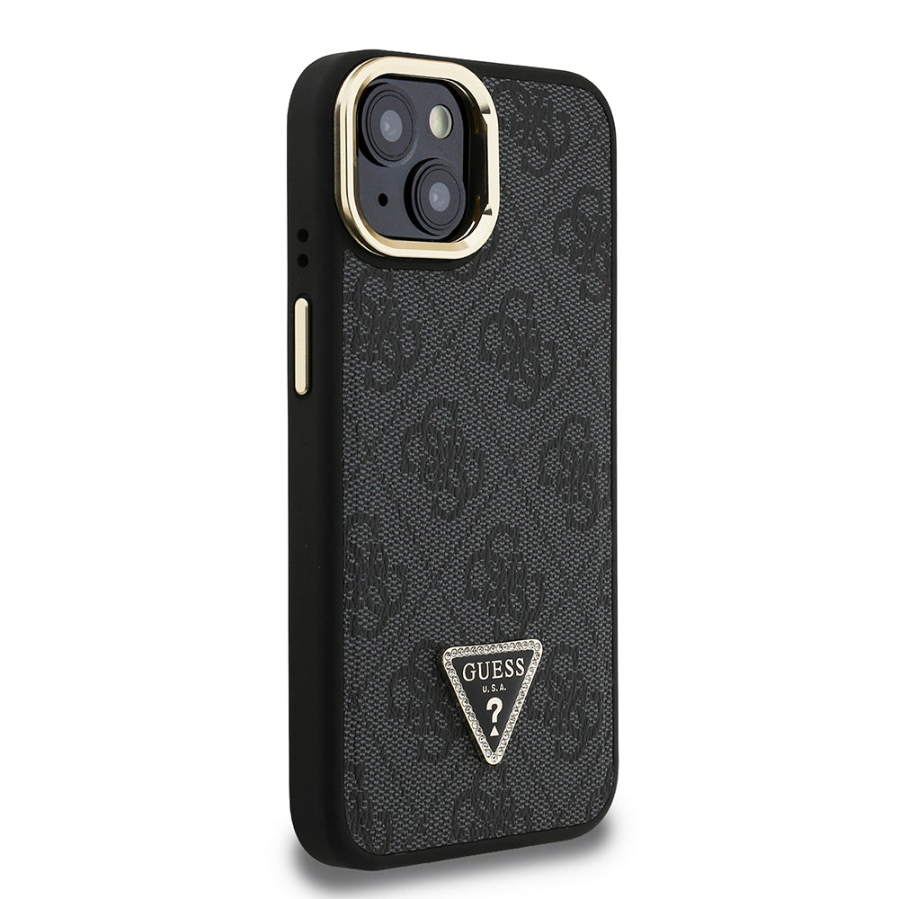 Guess iPhone 15 Orjinal Lisanslı PU Deri Taşlı Üçgen Logo 4G Desenli Kamera Standlı Kılıf