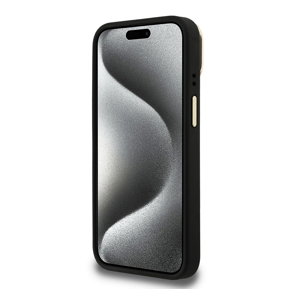 Guess iPhone 15 Orjinal Lisanslı PU Deri Taşlı Üçgen Logo 4G Desenli Kamera Standlı Kılıf