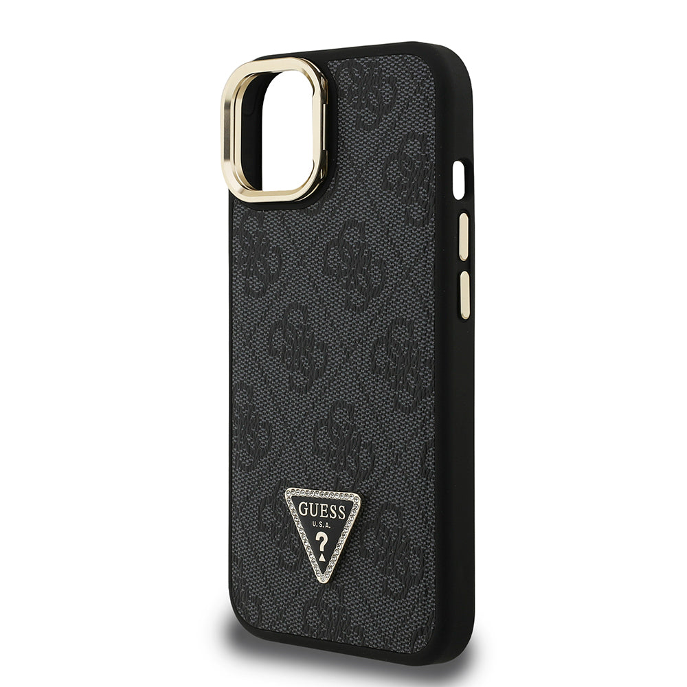 Guess iPhone 15 Orjinal Lisanslı PU Deri Taşlı Üçgen Logo 4G Desenli Kamera Standlı Kılıf