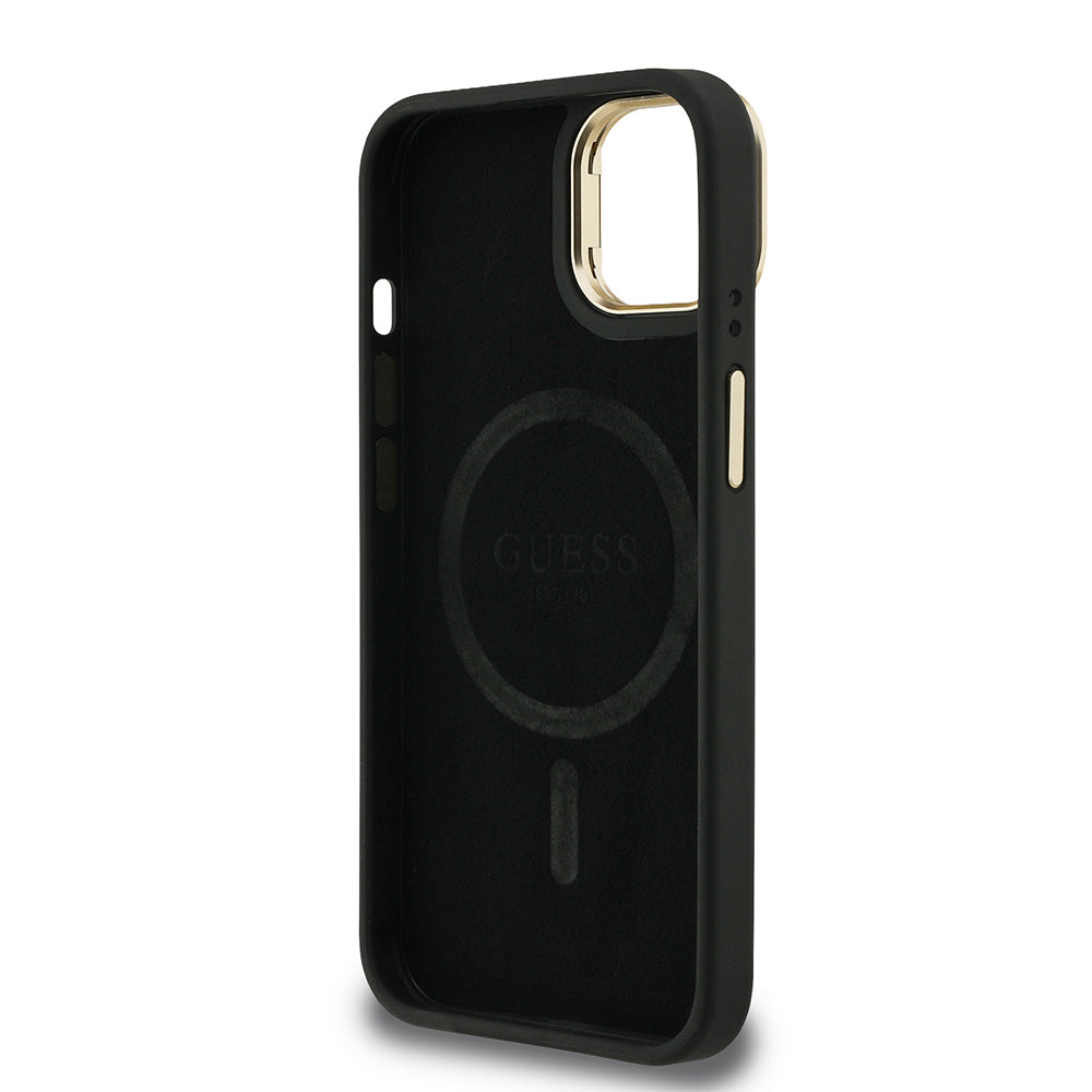 Guess iPhone 15 Orjinal Lisanslı PU Deri Taşlı Üçgen Logo 4G Desenli Kamera Standlı Kılıf