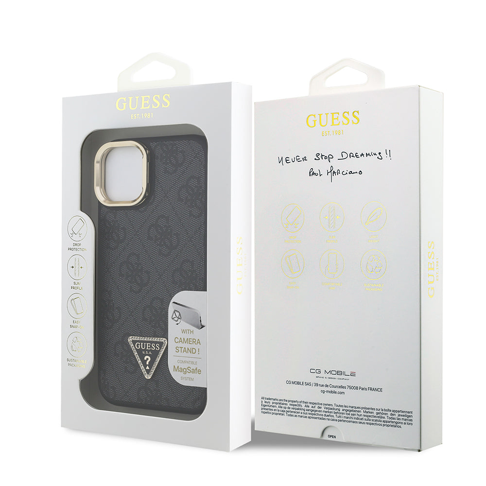 Guess iPhone 15 Orjinal Lisanslı PU Deri Taşlı Üçgen Logo 4G Desenli Kamera Standlı Kılıf