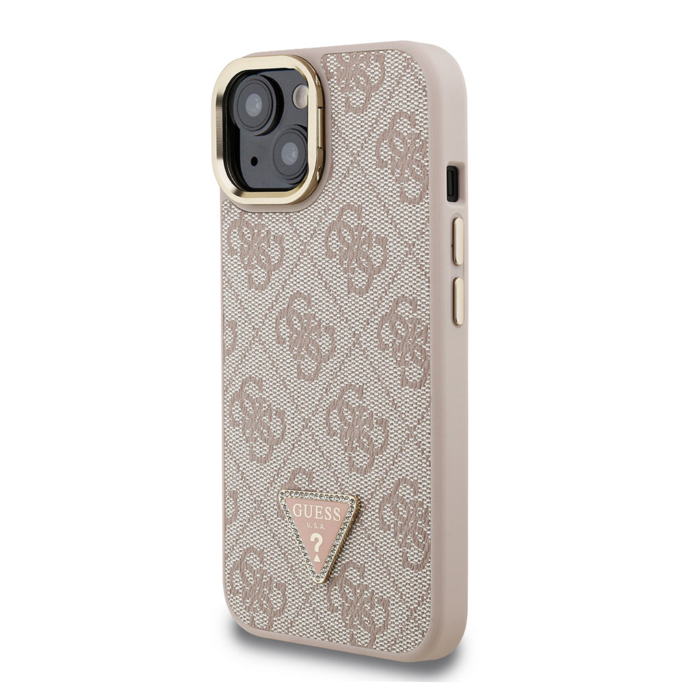 Guess iPhone 15 Orjinal Lisanslı PU Deri Taşlı Üçgen Logo 4G Desenli Kamera Standlı Kılıf